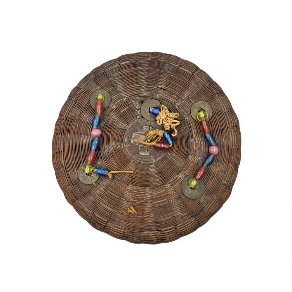 Antique Asian Wicker Rattan Pine Needle Sewing Basket Glass Beads Coins Vintage